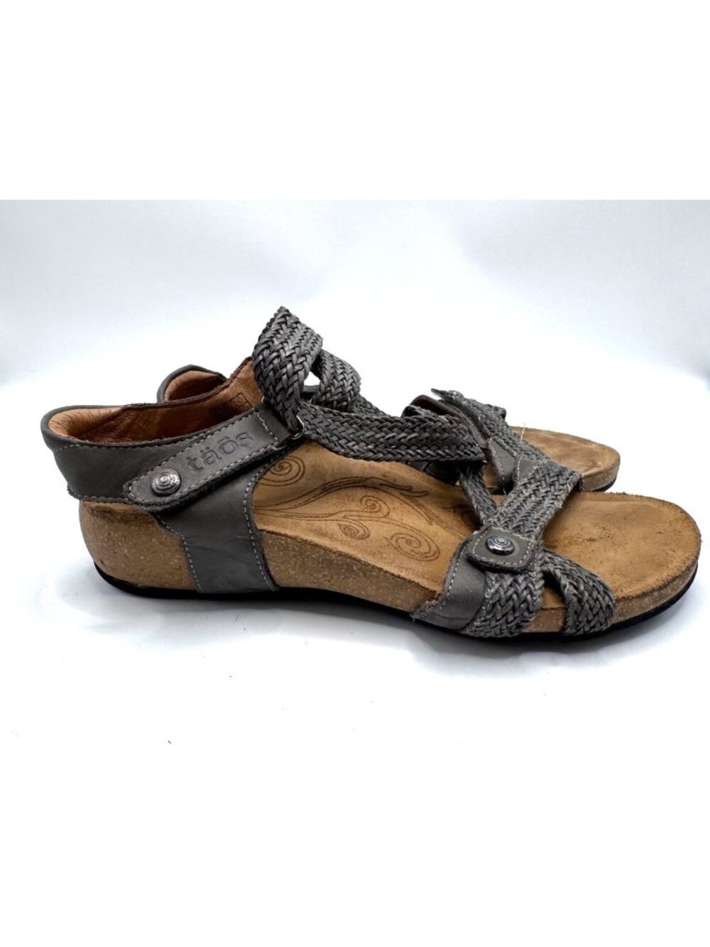 Taos Womens Leather Sandals Size 8.5 Gray Braided Strap Cork Footbed